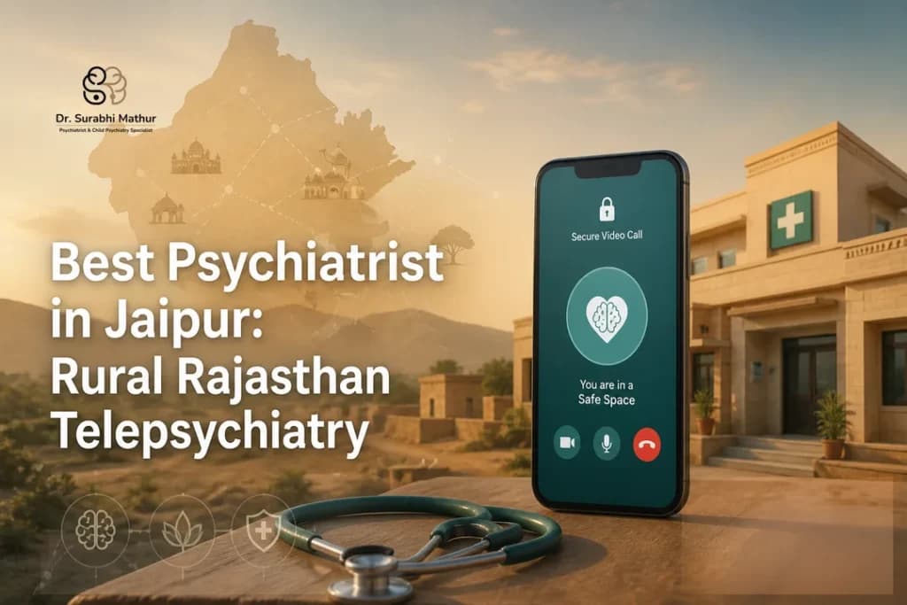 Calming cover for best psychiatrist in jaipur highlighting rural telepsychiatry across Rajasthan.