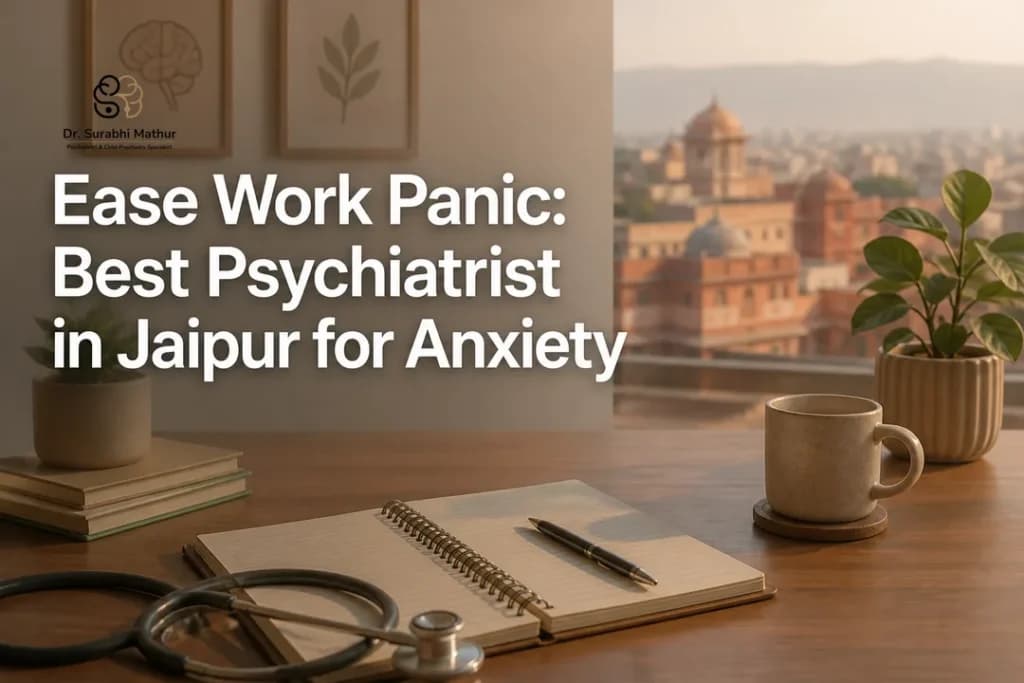 Calming cover art about workplace anxiety care by the best psychiatrist in jaipur.
