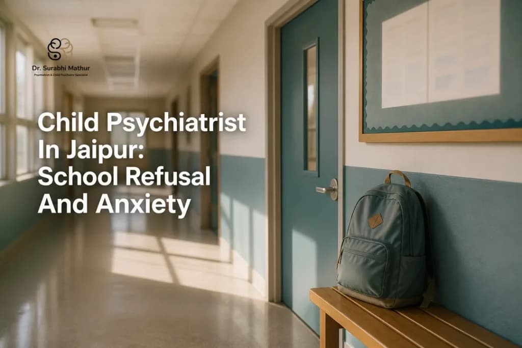 A calm school corridor scene representing support from the best psychiatrist in jaipur for school refusal and anxiety.