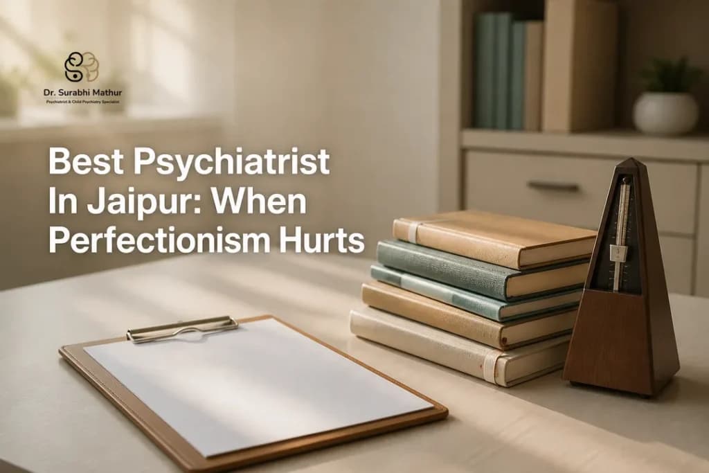 A calm clinic desk still life symbolizing perfectionism support from the best psychiatrist in jaipur.
