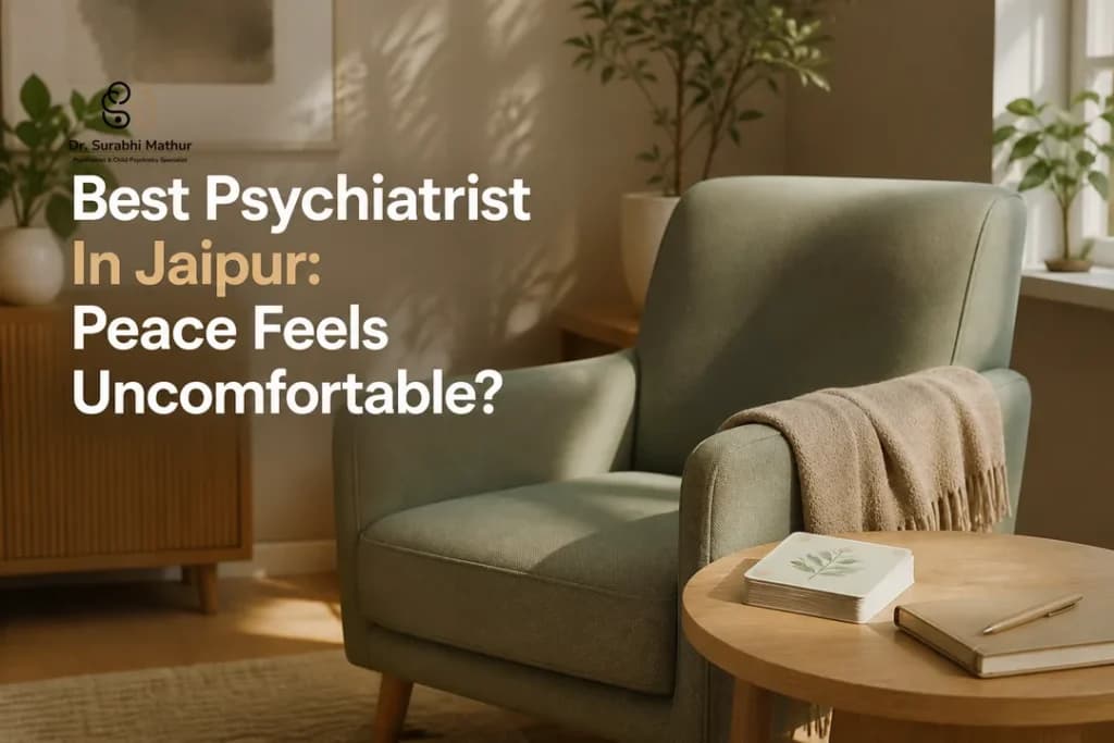 Calm therapy room setup representing support from the best psychiatrist in jaipur when peace feels uncomfortable.