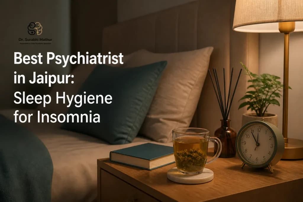 Calming bedside setup illustrating best psychiatrist in jaipur guided sleep hygiene for insomnia treatment.