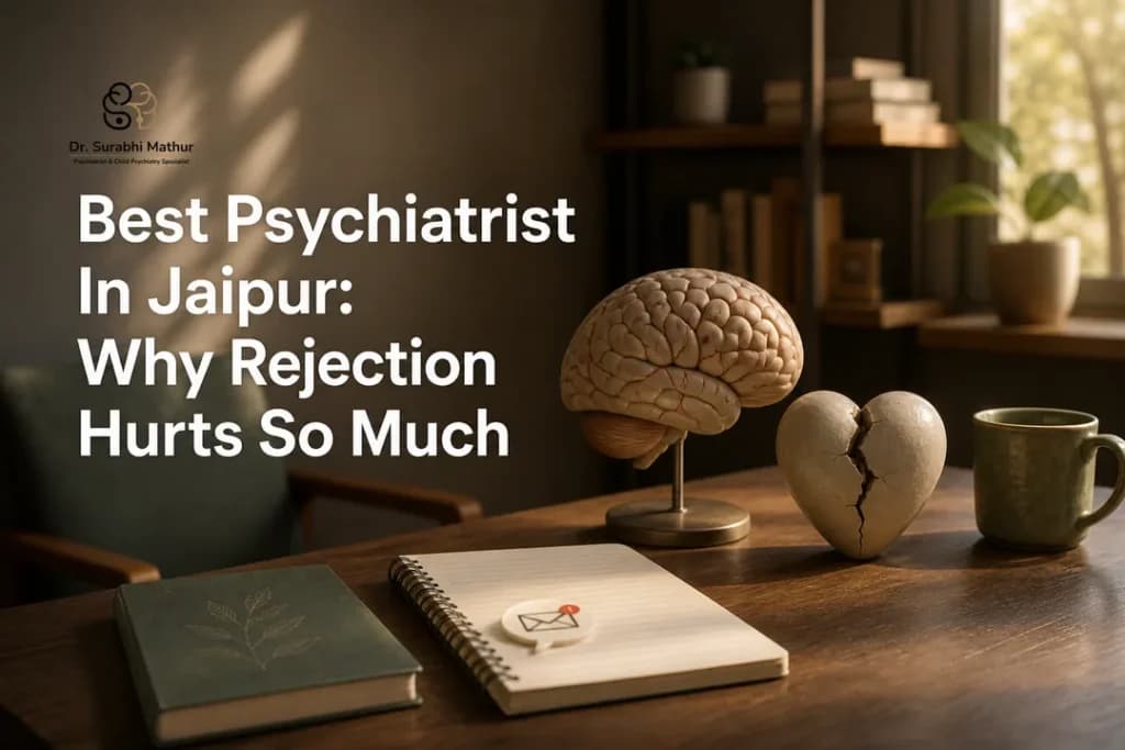 A brain model and cracked heart on a desk illustrating social pain, for best psychiatrist in jaipur guidance on rejection.