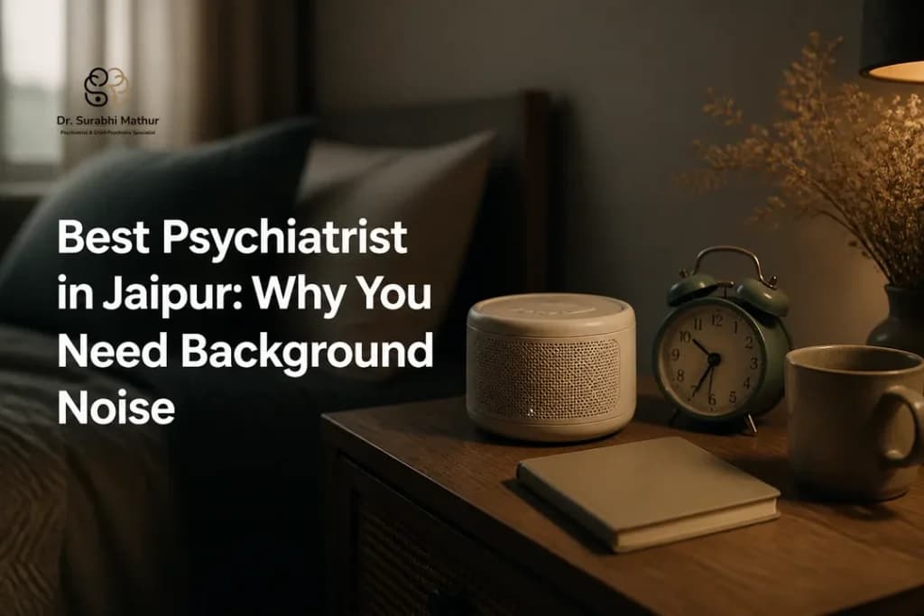 A white noise machine and calm bedside setup illustrating why the best psychiatrist in jaipur may discuss background noise for sleep and focus.