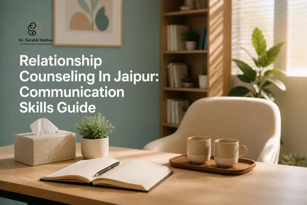 Calm counseling office desk setup representing best psychiatrist in jaipur relationship communication support.